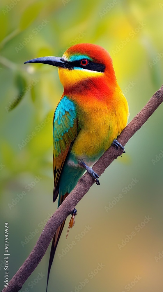 Obraz premium AI-generated bee-eater, blue-tailed bee-eater, perched on a cherry blossom branch. Near the waterfall, there are moss and ferns growing all over. 