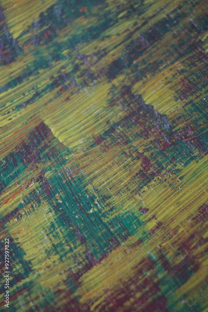 Fototapeta premium Abstract yellow acrylic paint splatter on turquoise paint surface, Colorful messy paint splash textured background, Distressed mixed color pattern strokes backdrop