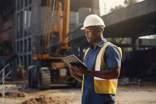 portrait of mature happy black skin handyman or builder in helmet against the background of a house under construction photo