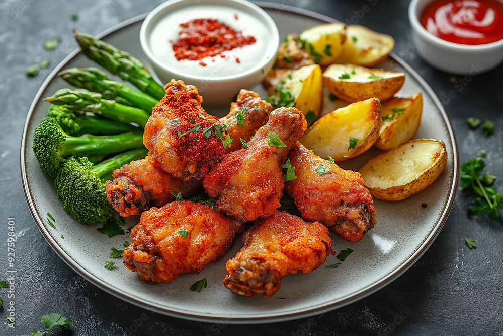 Juicy breaded fried Chicken wings with white sauce and red seasoning powder sprinkled, asparagus, broccoli, potato wedges, ketchup, Juicy breaded fried Chicken wings with white sauce and red seasoning powder sprinkled, asparagus, broccoli, potato wedges, ketchup,