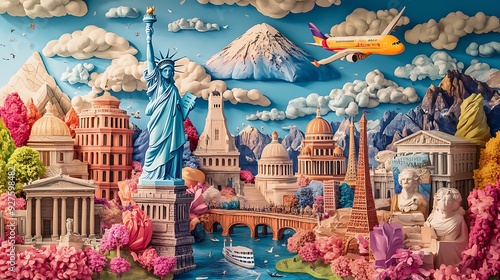 illustration Illustration of the Statue of Liberty and many tourist attractions. Bas-relief style. #927598482