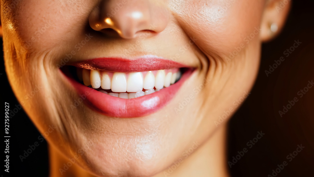 Close-up of a bright smile with perfect teeth and vibrant red lips Close-up of a bright smile with perfect teeth and vibrant red lips