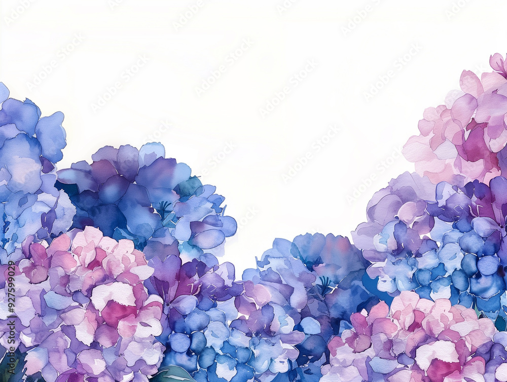Obraz premium Hydrangea flowers on a white background, blue, purple floral corner