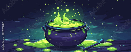 Cauldron with bubbling green potion. Vector flat isolated.