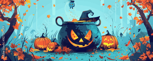 Cauldron with a witch stirring potion. Vector flat isolated.