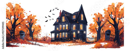 Haunted house with a spooky face on a white background. Vector flat isolated.