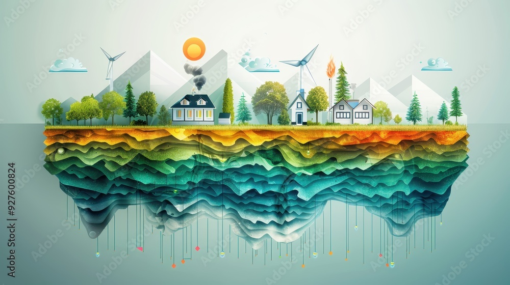 Floating Island with a City and Wind Turbines Floating Island with a City and Wind Turbines