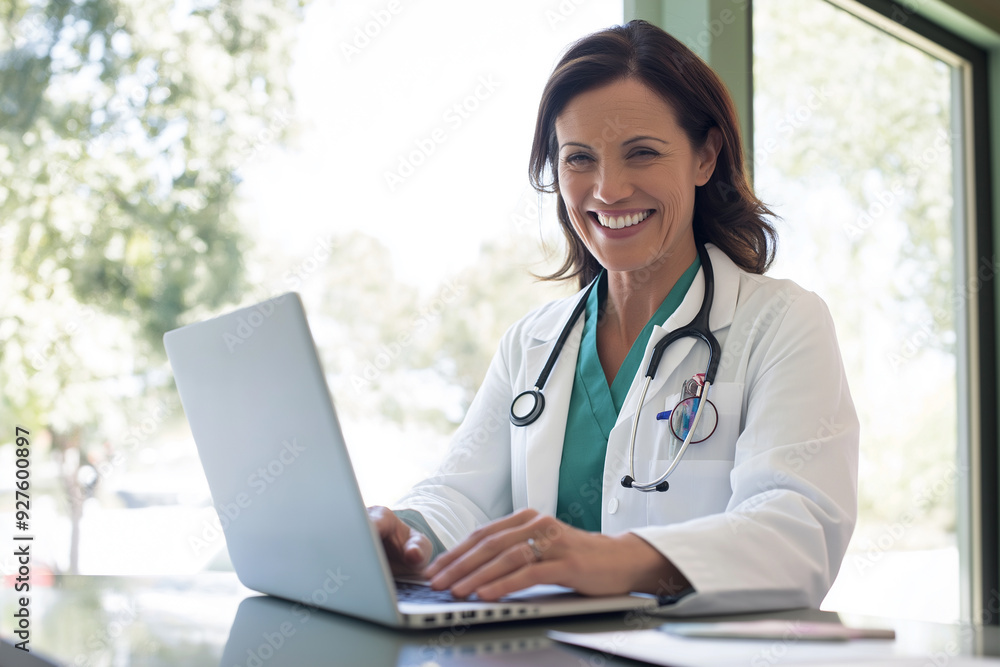 Close-up photo of female doctor working on laptop smiling and happy, woman in medical gown looking at laptop screen working inside modern clinic office. Close-up photo of female doctor working on laptop smiling and happy, woman in medical gown looking at laptop screen working inside modern clinic office.