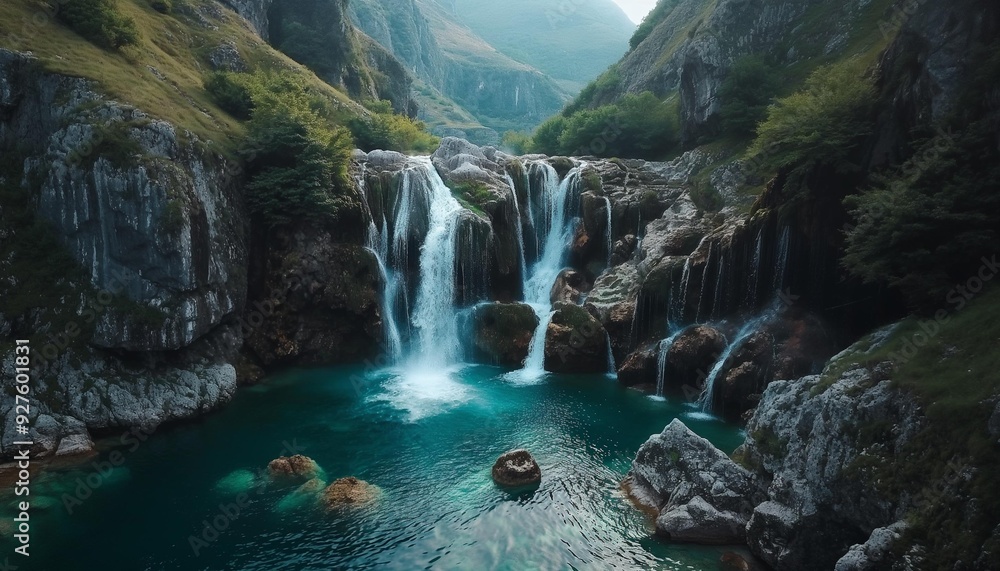 Naklejka premium AI generator image of waterfalls,waterfall flowing with colorful sunset sky,in Forest, Stones