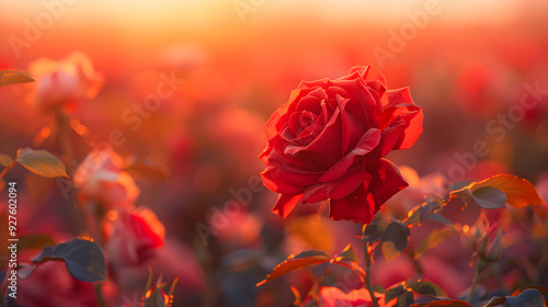 a single red rose in a vast field of blooming roses, set against the backdrop of sunset