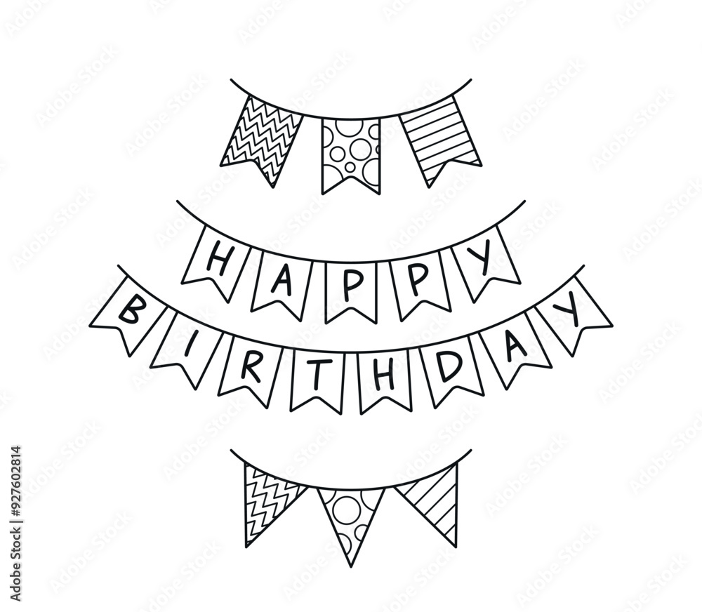 Birthday Banner With Text Happy Birthday And Mixed Patterns In Black And White. Simple Vector Outline Illustration Birthday Banner With Text Happy Birthday And Mixed Patterns In Black And White. Simple Vector Outline Illustration