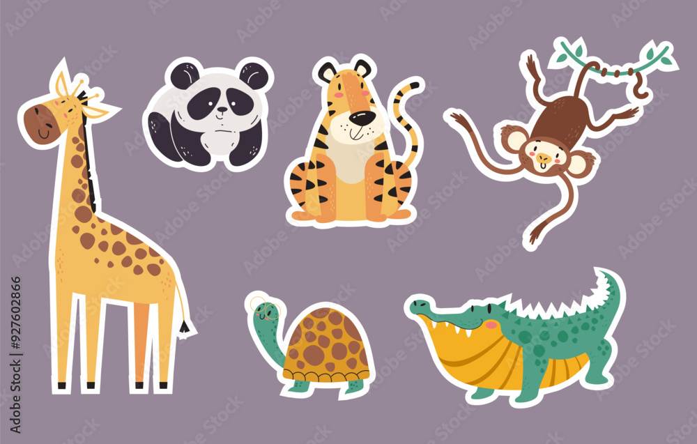 Obraz premium Jungle animals stickers isolated set. Vector graphic design illustration element 
