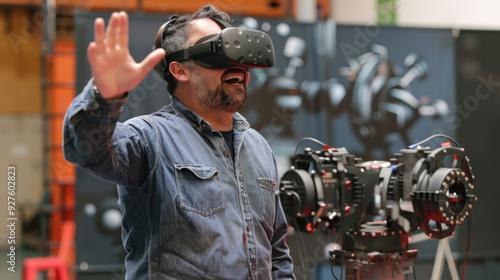 A man joyfully engages with advanced virtual reality technology in a studio setting