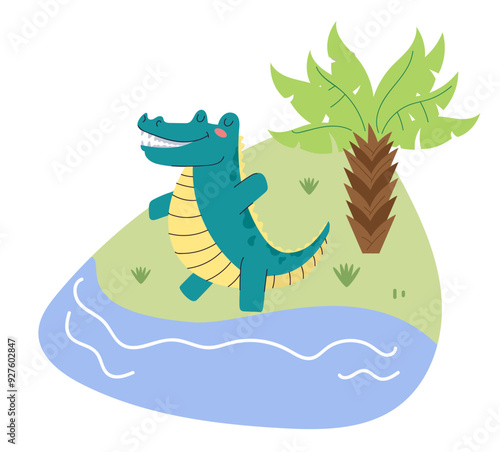 Jungle crocodile near river and palms flat style concept. Vector graphic design illustration element