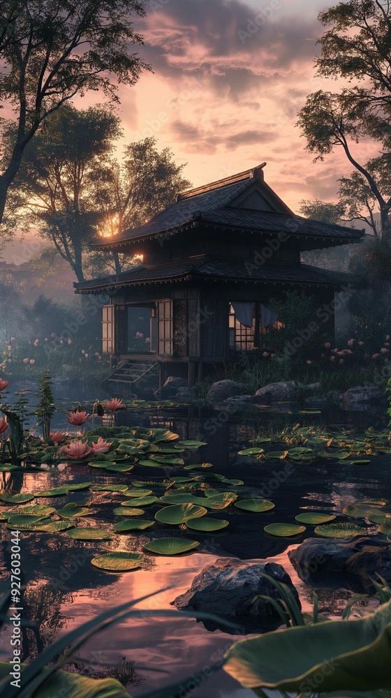 Obraz premium AI generated images of modern designed wooden house, cafe-resort style, located near a waterfall, with a view, beautiful landscape, fresh air.