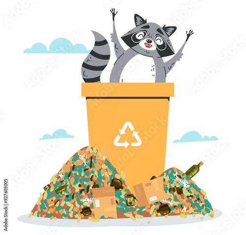 Raccoon digs through trash garbage can isolated composition. Vector graphic design illustration element