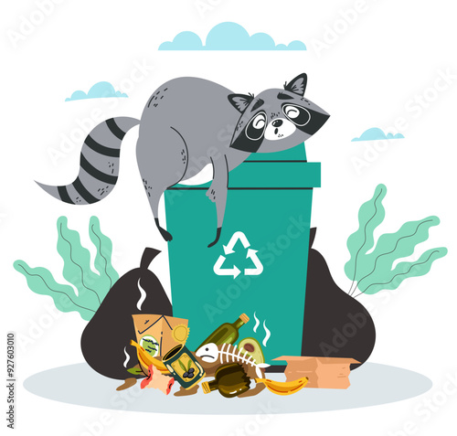 Raccoon digs through trash garbage can isolated composition. Vector graphic design illustration element