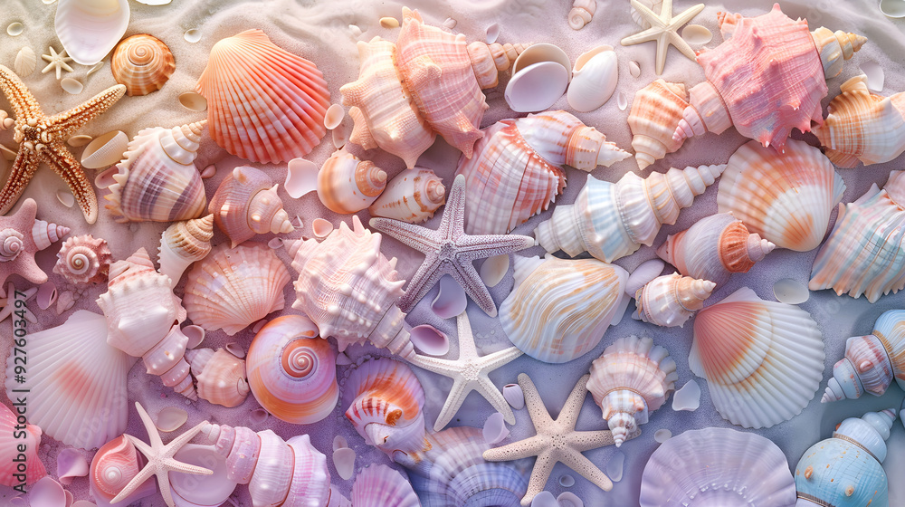 a collection of pastel-colored seashells arranged, top view a collection of pastel-colored seashells arranged, top view