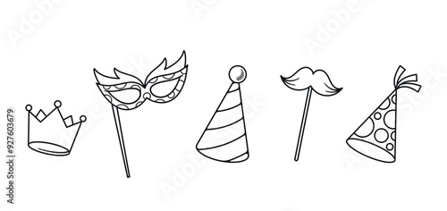 Black And White Collection Of Party Accessories. Vector Crown, Masquerade Mask, Party Hat, Mustache On A Stick