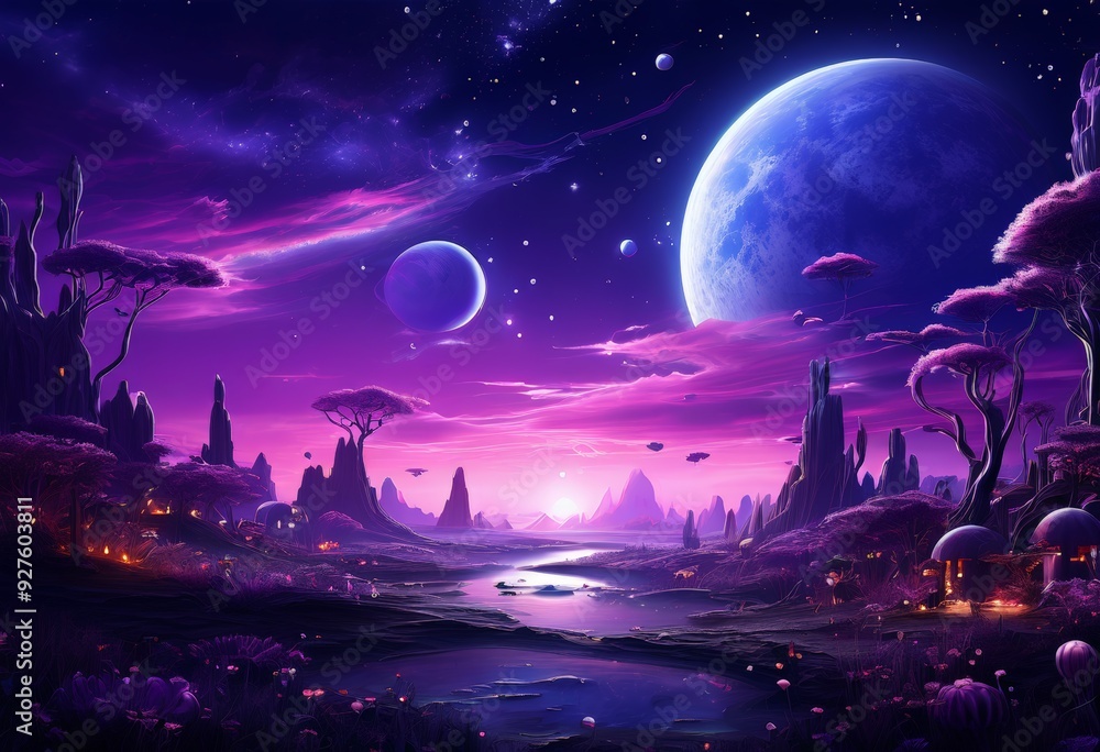 Fototapeta premium purple landscape with planets and trees
