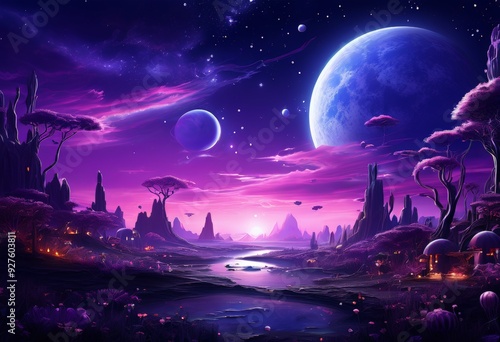 purple landscape with planets and trees