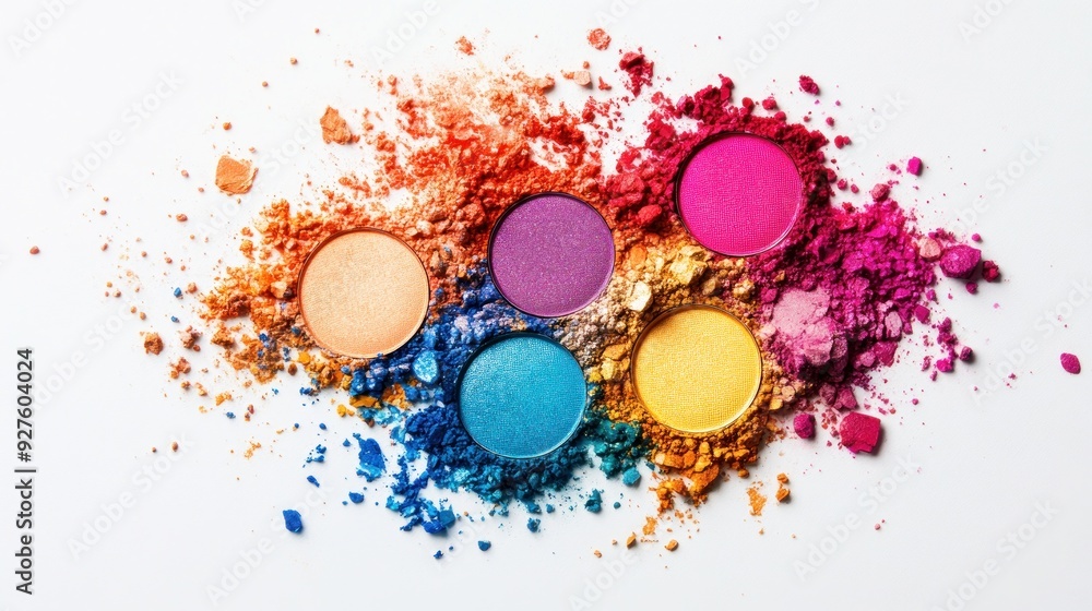 Colorful eyeshadow palettes broken into vibrant powders scattered ...