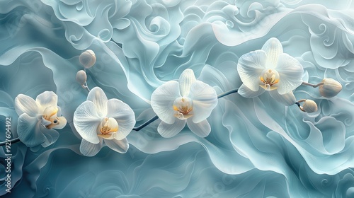 Orchid theme, high-definition wallpaper, jade material, auspicious clouds, watercolor, jade carving craftsmanship, light blue and white tones, light background color