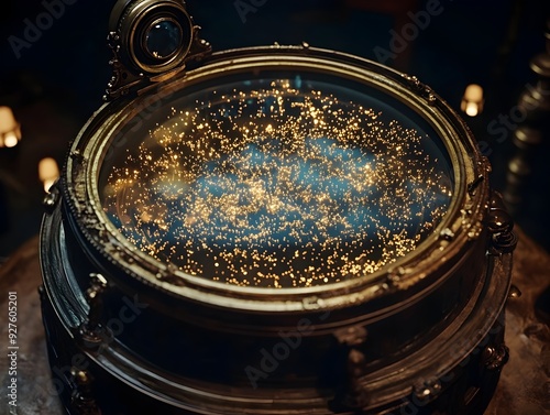 Enchanting Ornate Antique Zoetrope Device with Illuminated Pollen Particles in a Mesmerizing photo