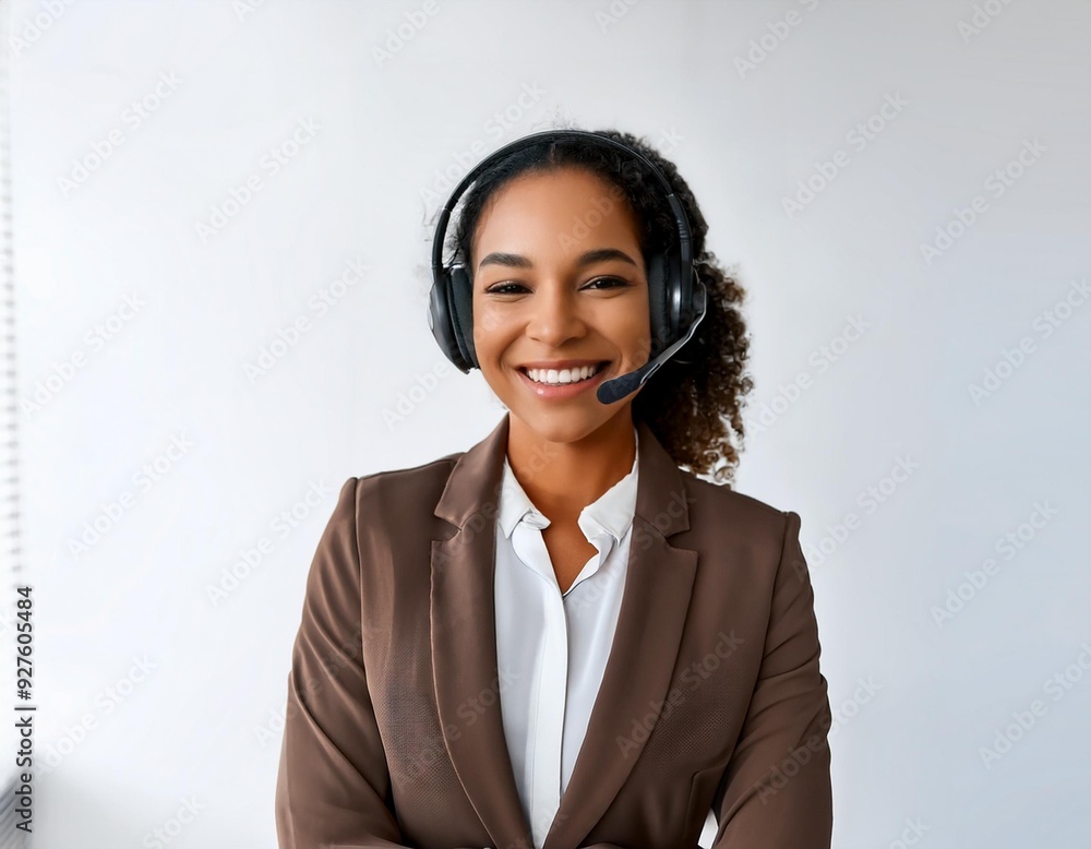 a black woman smiling wearing headphone as a customer service, against white background a black woman smiling wearing headphone as a customer service, against white background