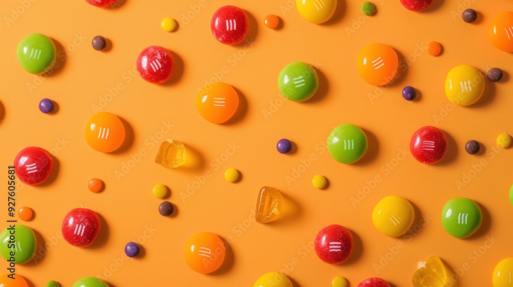 A playful pattern of different candies on an orange background. A playful pattern of different candies on an orange background.