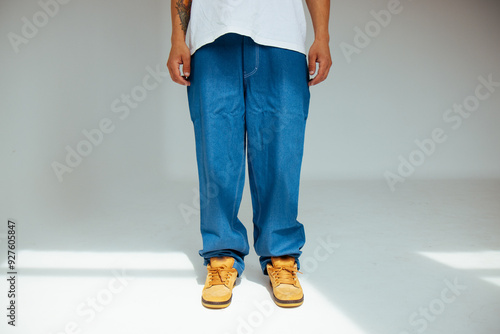 Obraz na płótnie Mens Fashion in Blue Regular Jeans Design Modern Denim for People Concept. w salonie