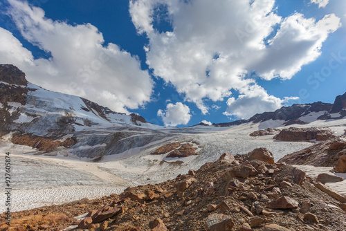 Summer panorama of Barba d'Orso glacier upper part. The glacier is in rapid retreat caused by global warming. Vallelunga, Alto Adige, Italy photo