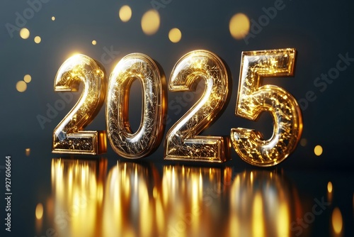 Golden numbers 2025 on a white table with Christmas trees and bokeh lights. Happy New Year 2025 is coming concept. photo