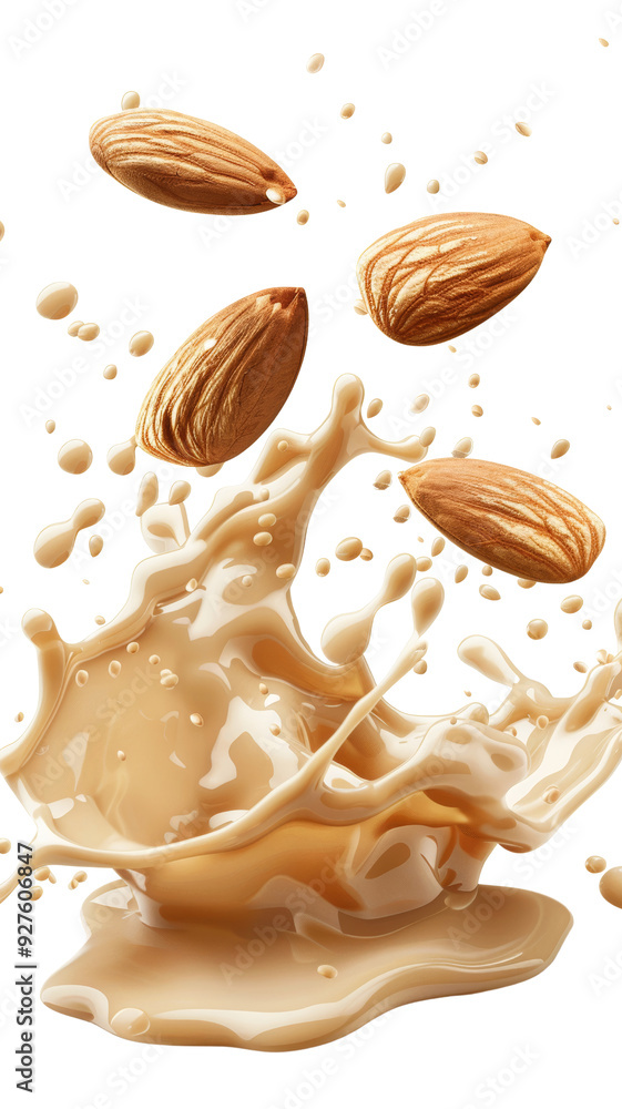 Fototapeta premium Almonds Splashed in Creamy Liquid with Dynamic Action Effect.