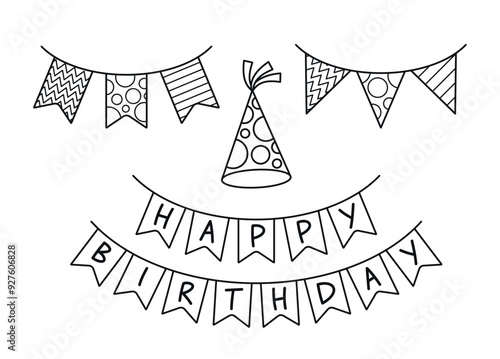 Canvas Print Hand-drawn Birthday Party Elements With Happy Birthday Banner, Party Hat And Dec