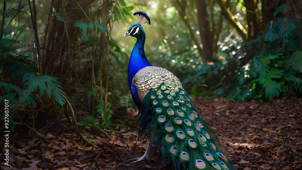 Obraz premium A peacock with its vibrant feathers in a forest