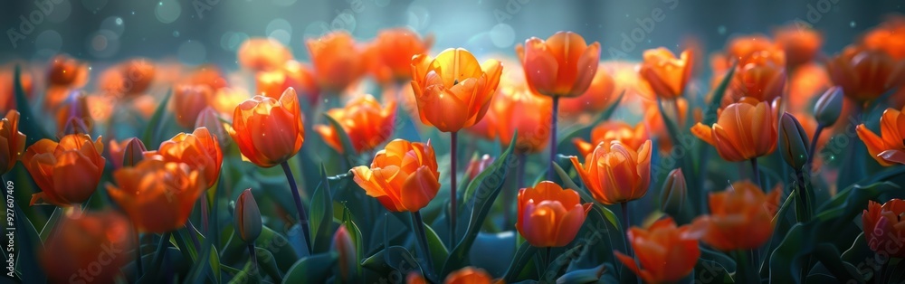 Orange Parrot Tulips in Bloom at Public Flower Garden in Netherlands: Dark and Moody Close-Up Shot of Stunning Spring Flowerbeds Orange Parrot Tulips in Bloom at Public Flower Garden in Netherlands: Dark and Moody Close-Up Shot of Stunning Spring Flowerbeds