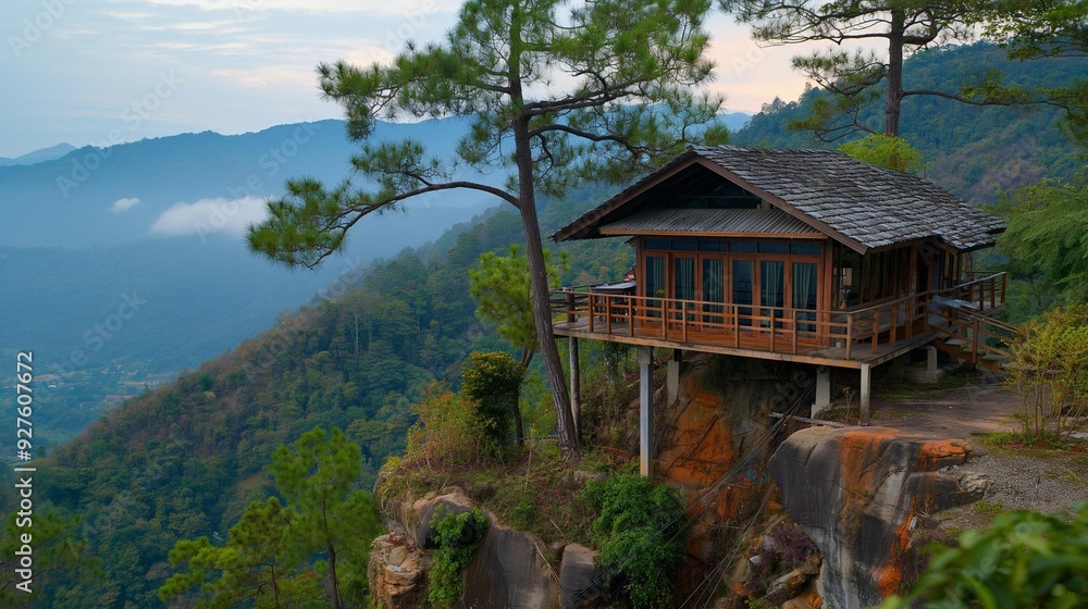 AI generator image of Country Resort style wooden house on a mountaintop with beautiful panoramic views. AI generator image of Country Resort style wooden house on a mountaintop with beautiful panoramic views.
