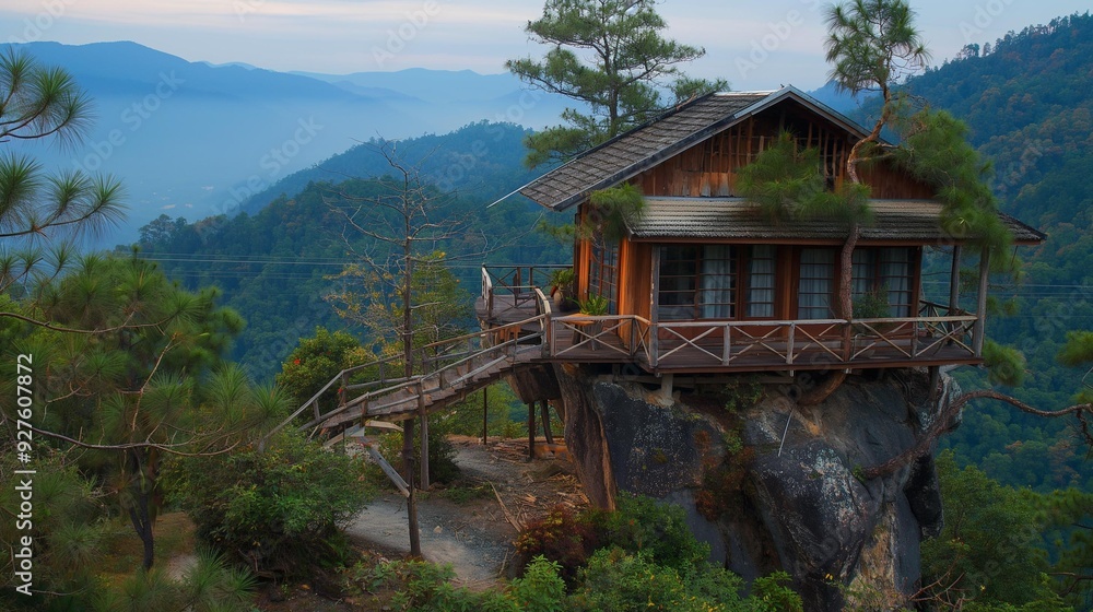 AI generator image of Country Resort style wooden house on a mountaintop with beautiful panoramic views. AI generator image of Country Resort style wooden house on a mountaintop with beautiful panoramic views.