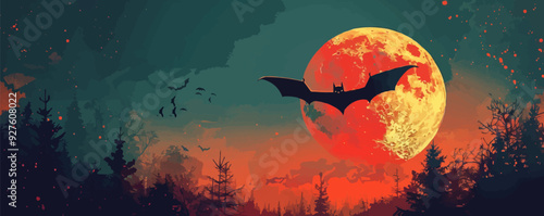 Bat flying in front of the moon. Vector flat isolated.