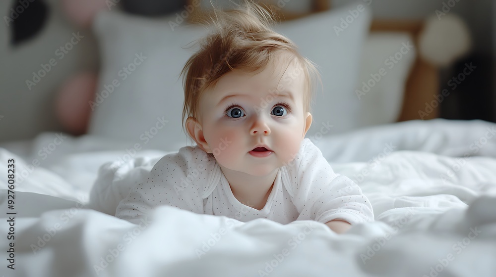 Cute baby girl lying on white bedding, looking up with big blue eyes. Cute baby girl lying on white bedding, looking up with big blue eyes.