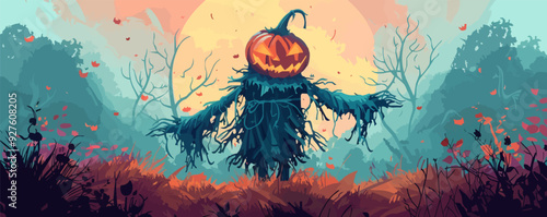 Scarecrow with a pumpkin head. Vector flat isolated.