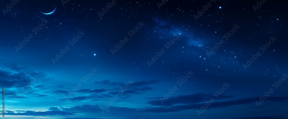 Dark blue night sky with crescent moon and stars. Dark blue night sky with crescent moon and stars.