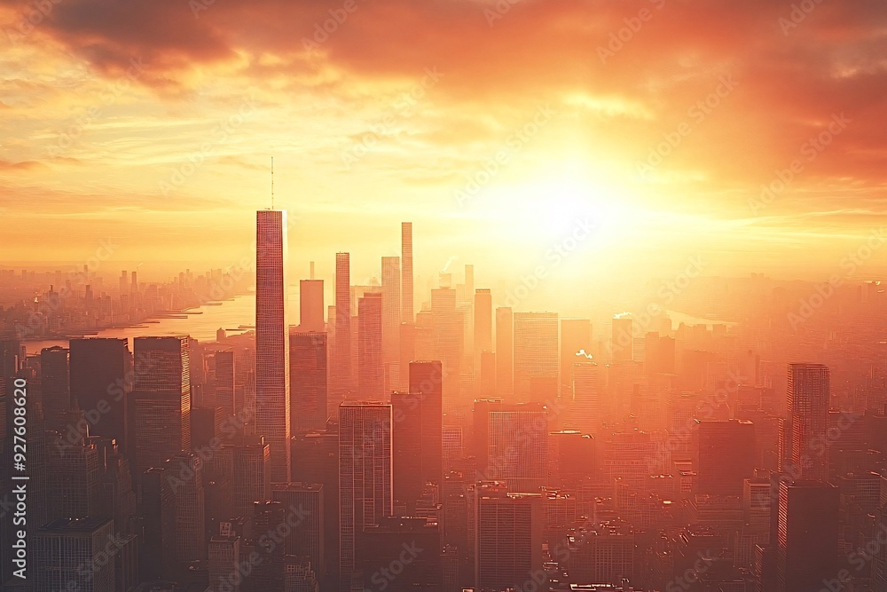 Warm sunlight bathing skyscrapers in a modern downtown business district at sunset Warm sunlight bathing skyscrapers in a modern downtown business district at sunset