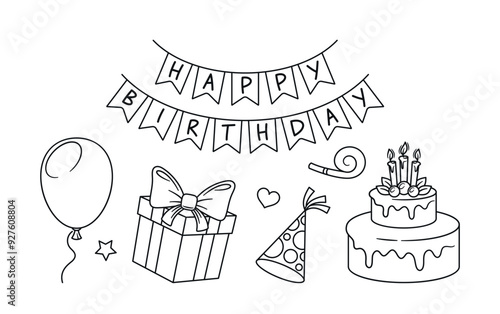 Playful Birthday Collection Featuring Black and White Linear Cake, Balloon, Gift Box, Party Hat And Decorative Banner