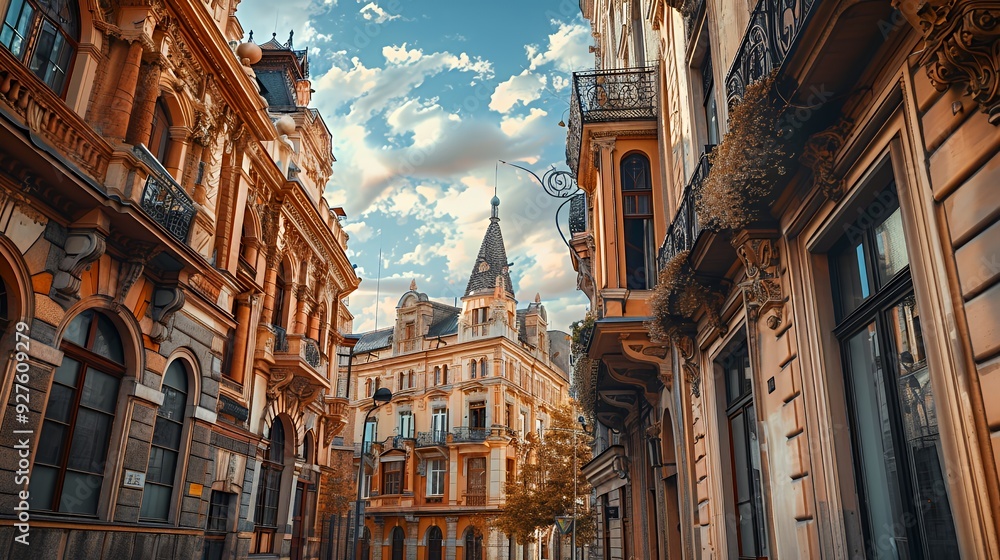 Fototapeta premium A narrow, cobbled street lined with ornate old buildings, featuring elaborate architectural details and a sky filled with fluffy white clouds.
