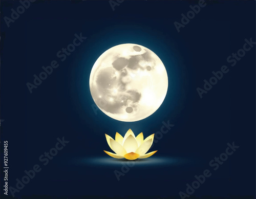 a yellow lotus flower floating in front of a full moon on a dark background for sharad purnima photo