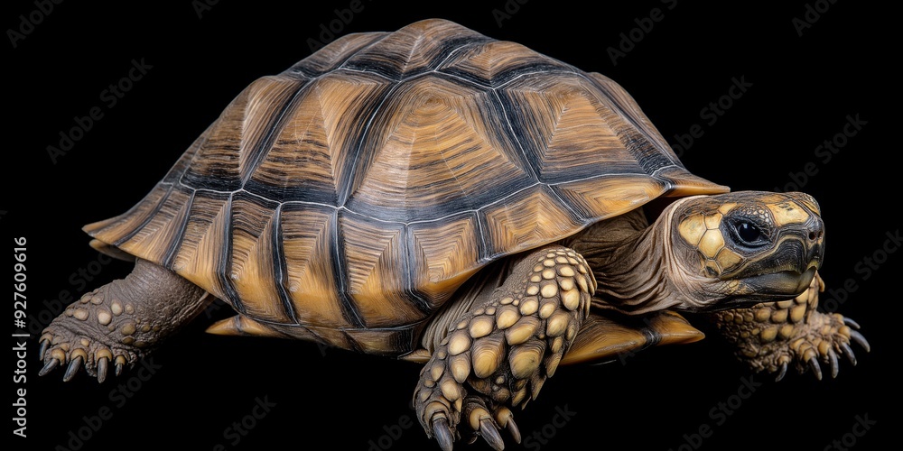 Fototapeta premium Photo of a tortoise isolated against a black background, emphasising the tortoise's majestic features. Wildlife and conservation concept, space for copy.
