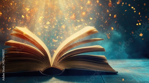 A book lies open with rays of light bursting from its pages, capturing the essence of magic and imagination.