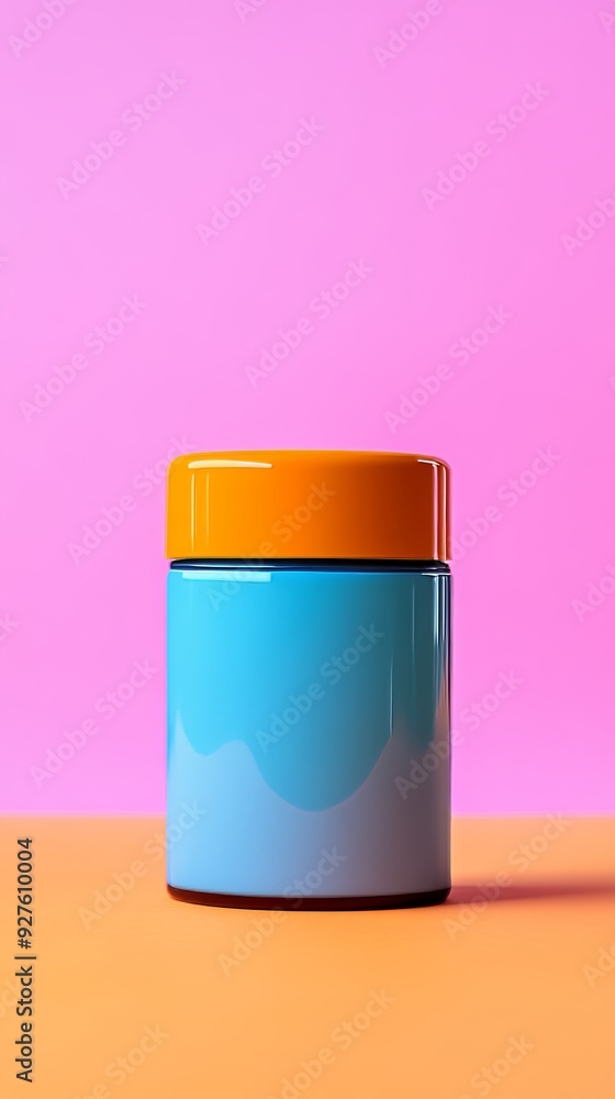A blue and orange container sits on a pink background A blue and orange container sits on a pink background